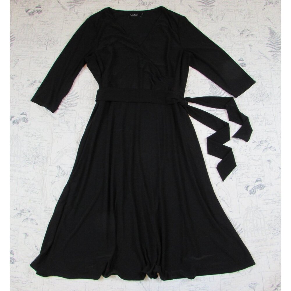 EUC Lauren Ralph Lauren Black Label Surplice Jersey Dress Black Women's 18 - Picture 1 of 8